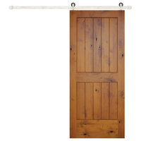 Prefinished Interior Knotty Alder 2 Panel V-Groove Barn Door, Stainless