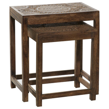 2 Pack Classic End Table, Mango Wood Frame With Intricately Carved Floral Accent