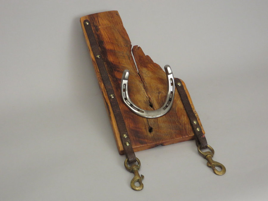 #R15048 Coat Rack Reclaimed Poplar, horseshoes, leather.