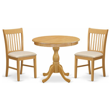 3 Pc Dining Set, 1 Wooden Dining Table, 2 Oak Chairs, Slatted Back, Oak Finish