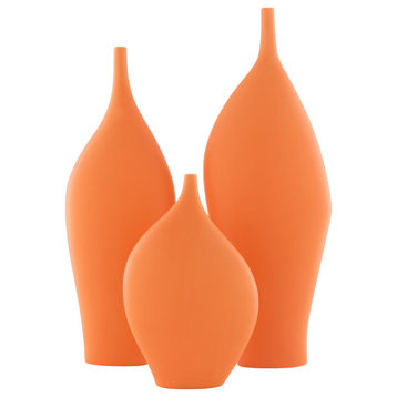 Neo Modern Orange Bottle Neck Vases, 3-Piece Set