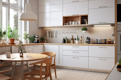 Example of a danish light wood floor and beige floor kitchen design in Other with an undermount sink