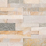 Tilesbay - Golden Honey Peel and Stick Stacked Stone, Sample - Stik Wall-Tile's Golden Honey Veneer Peel and Stick self adhesive backsplash tiles feature warm shades of white, golds, and honey, and hints of gray for contrast. These gorgeous natural quartzite mosaic wall tiles are a breeze to install; no grout or thinset is required to makeover a backsplash or accent wall in your space. These mosaic backsplash tiles coordinate beautifully with a wide range of other tiles and slabs in our inventory.
