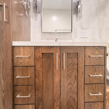 Modern Bathroom Remodel | Wood Vanity | Arched Mirror | Sconces