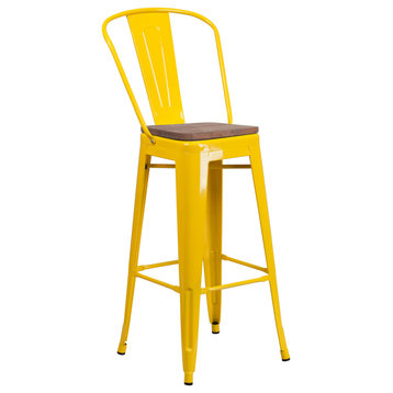 30" Yellow Metal Dining Stool With Curved Slatted Back and Wooden Seat