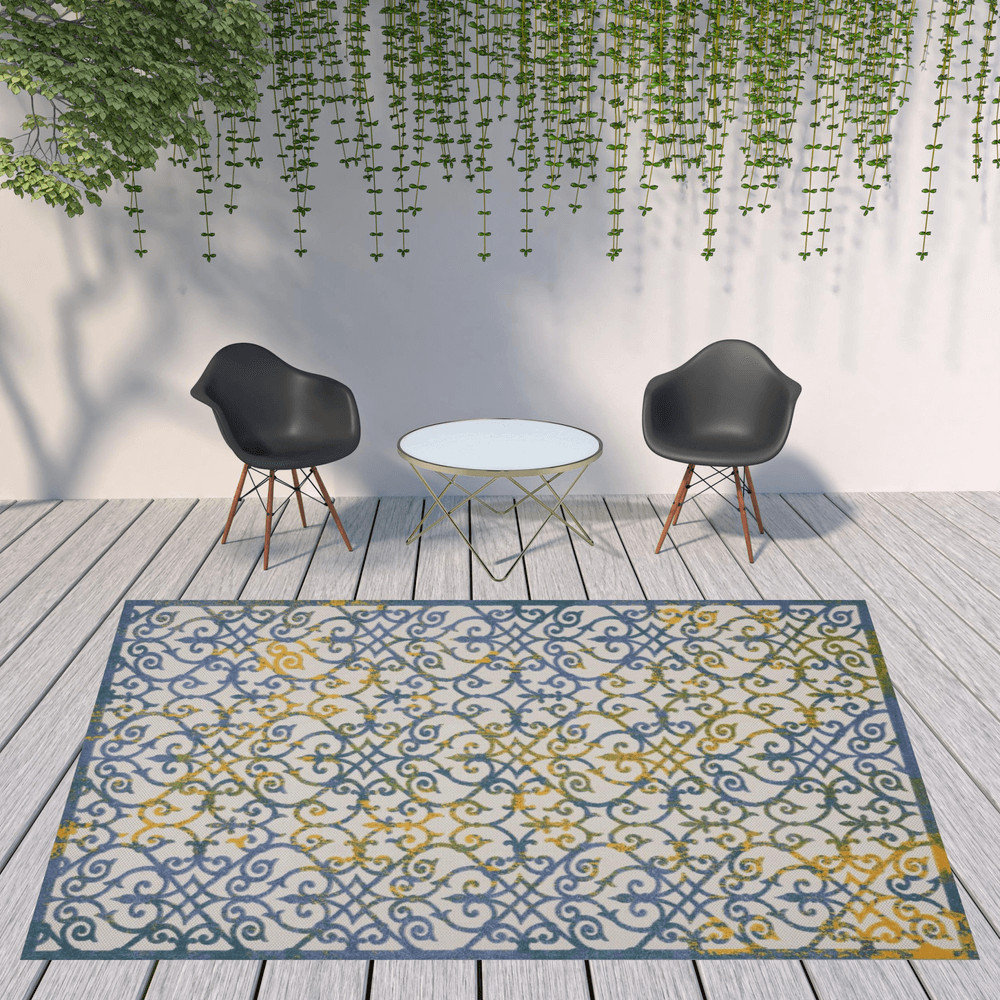 9'x12' Ivory And Blue Damask Non Skid Indoor Outdoor Area Rug ...