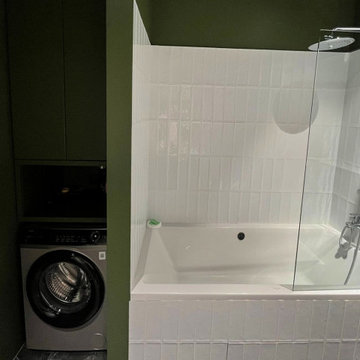 Green Bathroom with White Subway Tile and Freestanding Tub – Modern Apartment, M