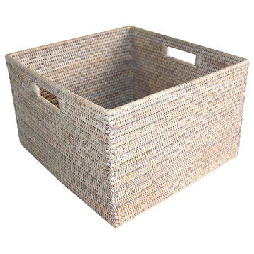 White Rattan Basket Square Open With  Cutout Handle