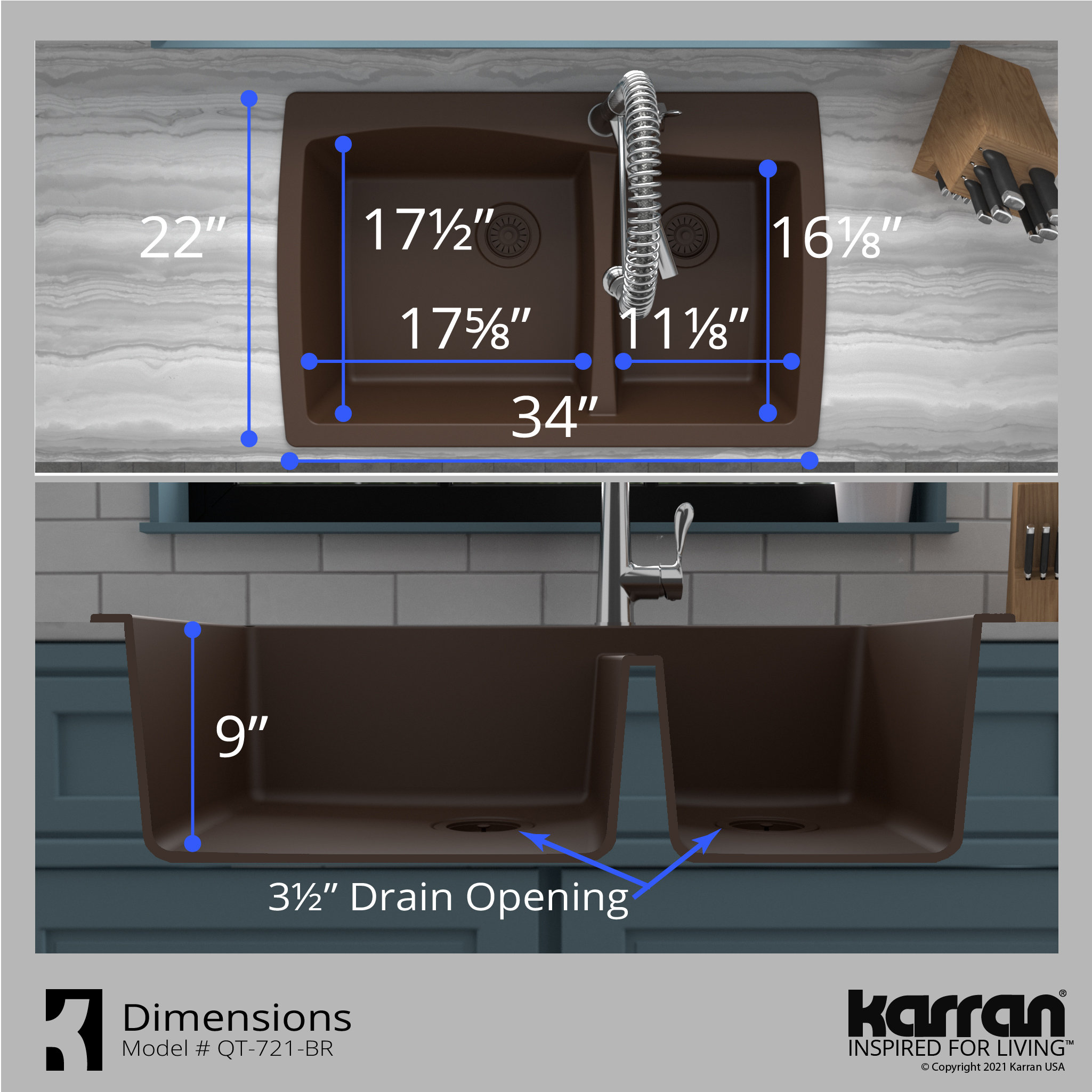 Karran Drop-In Quartz 34" 1-Hole 60/40 Double Bowl Kitchen Sink, Brown