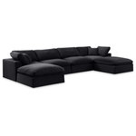 Meridian Furniture - Comfy Upholstered U-Shaped Modular Sectional, Black, 6-Piece: 2 Armless Chair, 2 Corner Chair, 2 Ottoman, Velvet - Give your space a whole new look with this black Comfy velvet sectional. This handsome sectional fits nicely with other items in the Comfy collection and is a versatile seating option designed for adaptability, comfort and style. Wrapped in rich black durable velvet upholstery, this sectional offers a plush embrace of overstuffed down feather cushions, carefully crafted to deliver the highest level of comfort. The perfect seat for creating an oasis for relaxation, this sectional has thick foam surrounding its frame for added support and coziness.