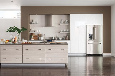 Photo of a mid-sized modern u-shaped eat-in kitchen in New York with flat-panel cabinets, white cabinets, solid surface benchtops, stainless steel appliances, dark hardwood floors and with island.