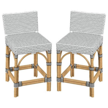 Home Square 24.5" Rattan Low Back Counter Stool in White & Black - Set of 2