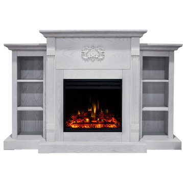 Electric Fireplace Heater With72" White Mantel, Bookshelves, Deep Log Display