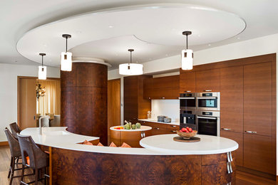 Mid-sized trendy dark wood floor and brown floor enclosed kitchen photo in Hawaii with an integrated sink, flat-panel cabinets, dark wood cabinets, quartzite countertops, stainless steel appliances and an island