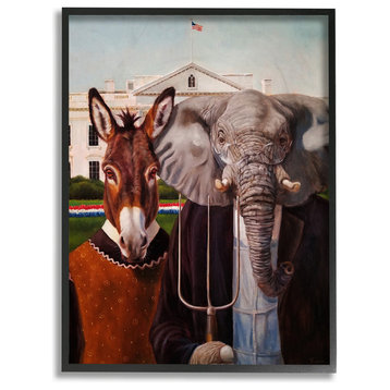 Political Satire American Gothic Farm Animal Painting Framed Giclee, 16"x20"