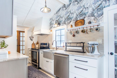 Kitchen - eclectic kitchen idea in Denver with white cabinets and quartz countertops