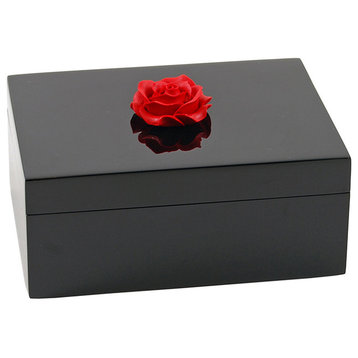 Lacquer Medium Box, Red Rose Handle Black Box