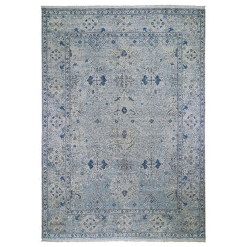 Blue Distressed Oushak  Silk with Textured Wool Hand Knotted Rug, 9'10" x 14'2"