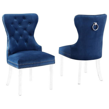 Tufted Navy Blue Velvet Side Chairs with Clear Acrylic Legs (Set of 2)