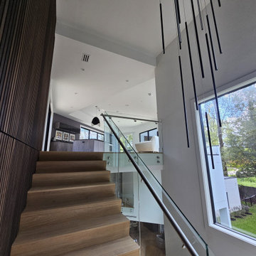 Project #129 | Modern White Oak Staircase with Slanted Risers