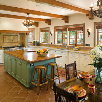 Spanish style Kitchen remodel, large island and wood beams