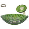 MR Direct 609 Green Colored Leaf Glass Sink, Brushed Nickel, Glass Waterfall Fau