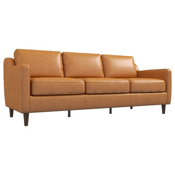 Callender Mid Century Modern Furniture Genuine Leather Cognac Tan Sofa Couch