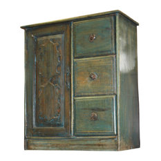 Consigned Antique distressed blue desert armoire, chest, nightstand, side table