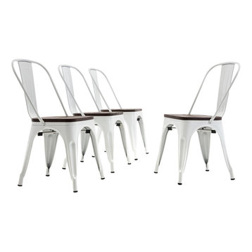 Wood Seat Metal Dining Chairs, Set of 4, White