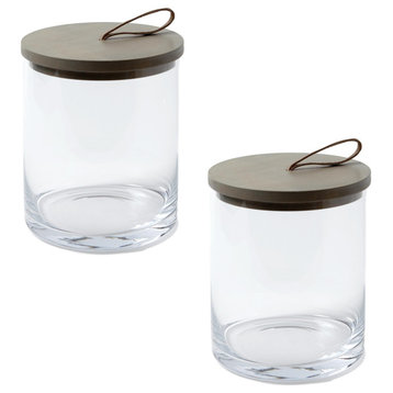 Classic Clear Glass Canister Set of 2 Oak Wood Lids 8" Contemporary Jar Retro