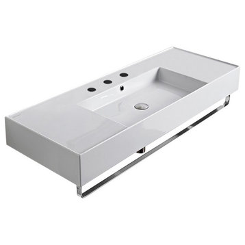 48" Ceramic Wall Mount Sink With Counter Space With Towel Bar, 3-Hole