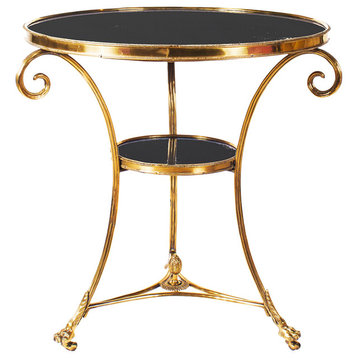 Gold Metal Scroll Arm Curved Leg Round Accent Table, Claw Foot Granite Entry