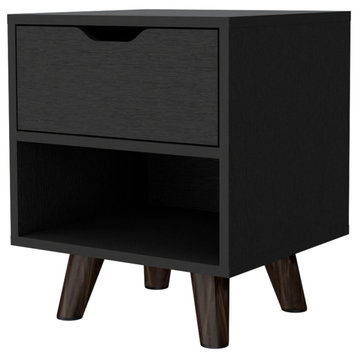 Carthage Nightstand with 1-Drawer, 1-Open Storage Shelf and Wooden Legs