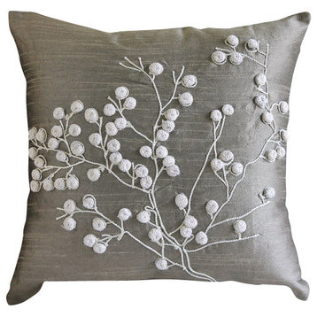 Gray Art Silk 18"x18" Pop Pom Flower Pillows Cover, Snow Flowers