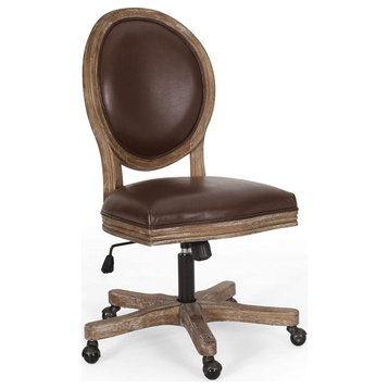 Swivel Office Chair, Rubberwood Frame With Padded Faux Leather Seat, Dark Brown