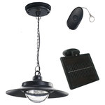 Nature Power - Black Indoor/Outdoor Solar-Powered LED Hanging Shed Light With Remote Control - Nature Power's 4-Light Black Indoor/Outdoor Solar-Powered LED Hanging Shed Light is a self-powered, 10 in. diameter light in a black matte finish. Install it against your ceiling and adjust the length as desired. It doesn't require any wiring, making it ideal for any building that's not hooked up to electricity, such as sheds, barns, garages, cabins, treehouses and more. Powered by a high-quality amorphous solar panel, this light features four ultra-bright white LEDs. A key chain remote control eliminates fumbling in the dark for the switch, letting you turn the light on from afar. There is also an on/off switch on the lamp itself, and two brightness settings allow for either a bright light or battery-saving low light as needed. A rechargeable battery is included for your convenience.