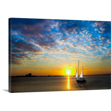 White Sail Sailboat-Sailing Into Sun-Sea Sunset Wrapped Canvas Art Print, 1