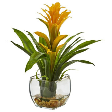 Bromeliad With Glass Vase Arrangement, Yellow