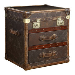 Vintage Steamer Side Table with 2 Drawers Cigar Leather - Side Tables And End Tables
