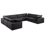 Meridian Furniture - Comfy Upholstered U-Shaped Modular Sectional, Black, 8-Piece: 4 Armless Chair, 4 Corner Chair, Vegan Leather - Give your space a whole new look with this black Comfy vegan leather sectional. This handsome sectional fits nicely with other items in the Comfy collection and is a versatile seating option designed for adaptability, comfort and style. Wrapped in rich black durable vegan leathered upholstery, this sectional offers a plush embrace of overstuffed down feather cushions, carefully crafted to deliver the highest level of comfort. The perfect seat for creating an oasis for relaxation, this sectional has thick foam surrounding its frame for added support and coziness.