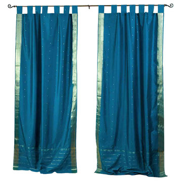 Lined-Turquoise  Tab Top  Sheer Sari Cafe Curtain / Drape - 43W x 36L - Pair