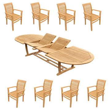 9-Piece Outdoor Teak Dining Set: 117" Masc Oval Extension Table, 8 Mas Chairs