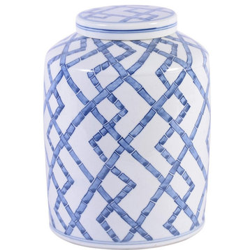 Tea Jar Service Items Vase Bamboo Joints Round Blue White Porcelain