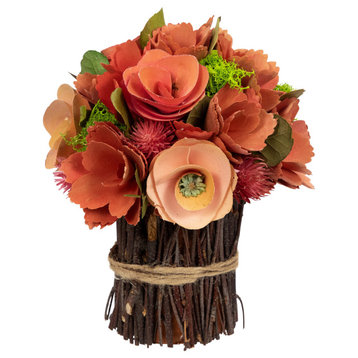 Artificial Mixed Floral Wooden Spring Bouquet 9" Red and Pink