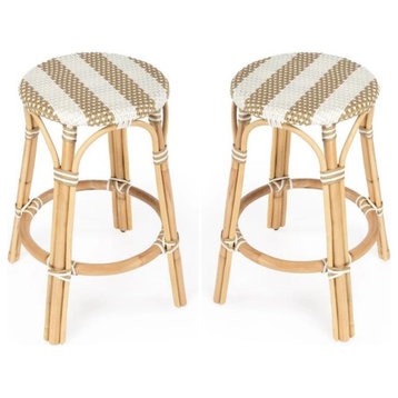 Home Square 2 Piece Rattan Counter Stool Set in Beige & White