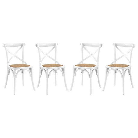 Modway Gear 18.5" Elm Wood and Rattan Dining Side Chair in White (Set of 4)