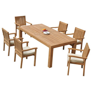 7-Piece Outdoor Teak Dining Set: 86" Rectangle Table, 6 Leveb Stacking Arm Chair