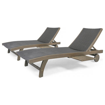 GDF Studio Kimberley Outdoor Chaise Lounge With Pull-Out Tray, Set of 2, Gray