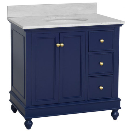 Bella 36" Bathroom Vanity, Royal Blue, Carrara Marble