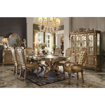 ACME Dresden Dining Table With Trestle Pedestal, Gold Patina and Bone